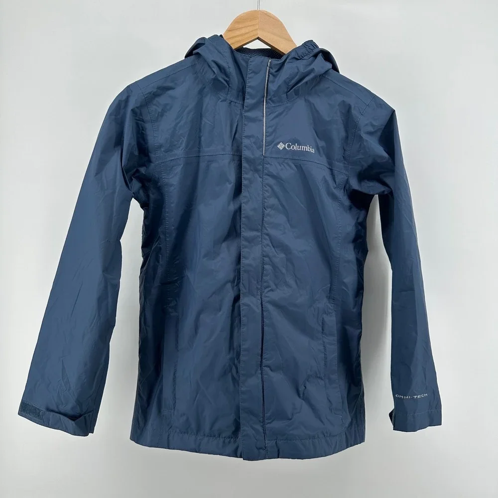 Columbia Boys Blue Omni-Tech Waterproof Rain Jacket Hooded Shell  Size M 10/12